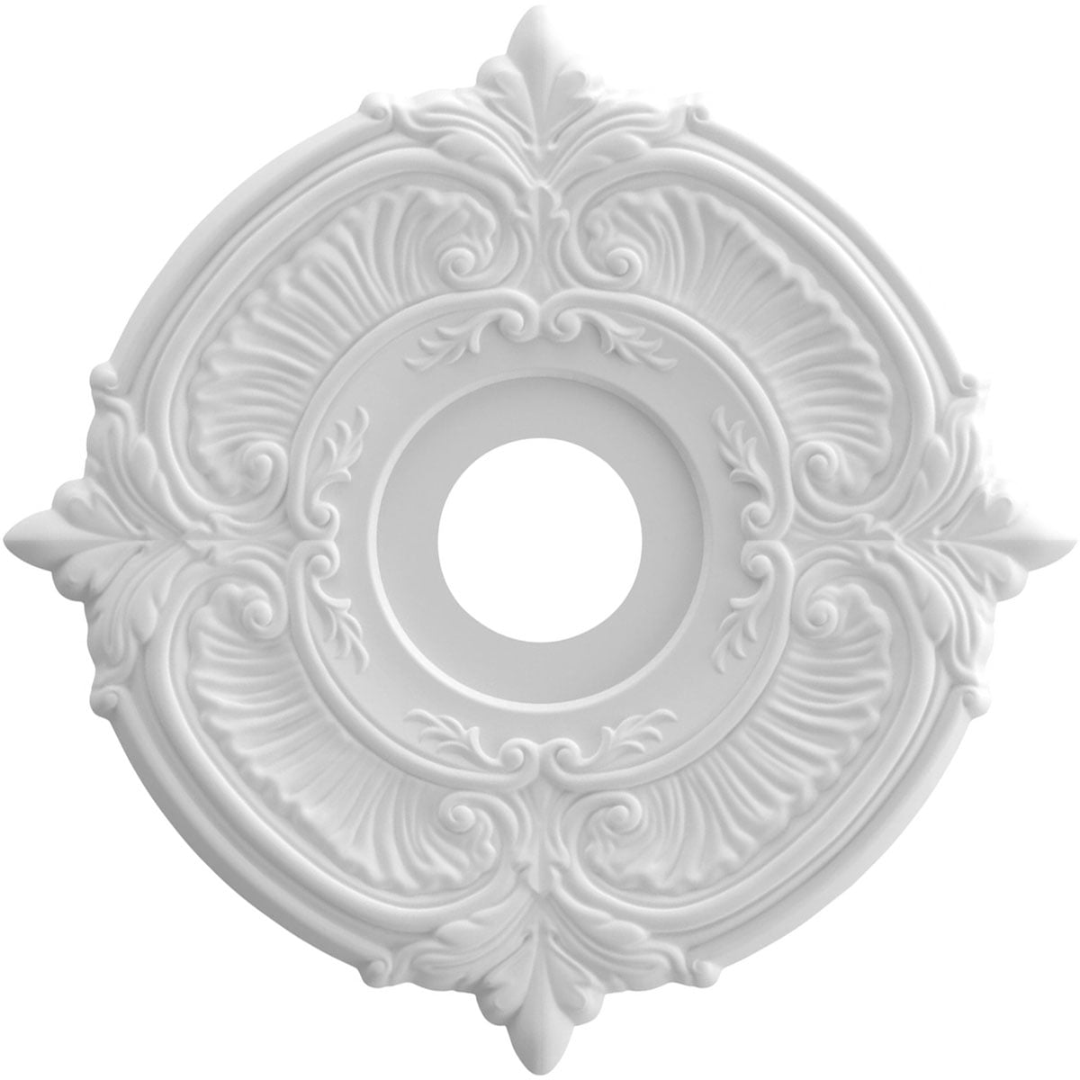 Elegant ceiling medallion featuring intricate floral motifs and classic detailing. The ornate design adds a touch of sophistication to any space, perfect for enhancing chandeliers or fixtures, creating an exquisite focal point in home decor.