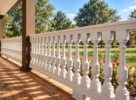 Elegant white balustrade overlooking a serene lake and lush greenery, enhancing the picturesque landscape while adding architectural charm to outdoor spaces. Ideal for enhancing scenic views and promoting safety on balconies and decks.