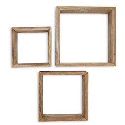 Natural textures of barnwood frames in various geometric shapes arranged on a pebbled surface, showcasing rustic decor elements ideal for enhancing home aesthetic.