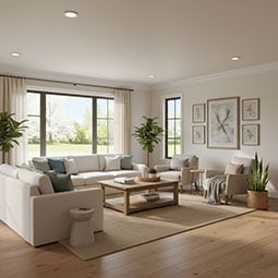Elegant living room showcasing stylish architecture with cove moulding, rich colors, and a modern design. The space features a cozy sofa, artwork, and natural light from large windows.