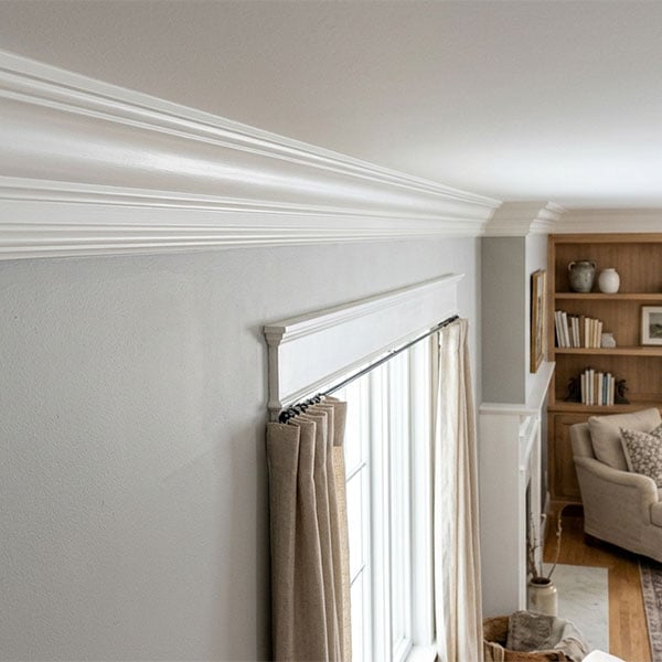 Elegant living room featuring white crown moulding that enhances the ceiling, framed artwork, and touches of greenery, creating a sophisticated and inviting atmosphere.