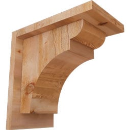 Rustic wood corbel showcasing a natural wood grain finish, featuring a classic curved design that enhances architectural elements in traditional and contemporary settings.