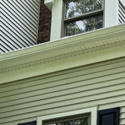 Showcasing a close-up of stylish dentil trim along a well-maintained home's exterior, highlighting its classic architectural detail and complementing the traditional siding design.