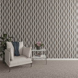 Stylish room interior featuring textured slat wall panels in a soothing color scheme, complemented by modern furniture and plants, creating a contemporary aesthetic.