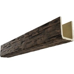 Rustic faux wood beams with a natural woodgrain texture installed on a white ceiling, adding warmth and architectural charm to the space.