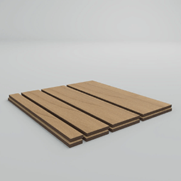 Sample kit displaying slat wall panels in a modern, minimalist setting, highlighting wood finish and texture for interior design inspiration. Ideal for retail and display solutions.