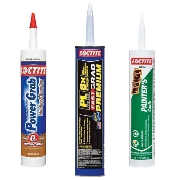 Three adhesive tubes are displayed, showcasing various types: a grab adhesive, a premium fast-grab adhesive, and a painter's caulk. Each features a distinct nozzle design for precision application.