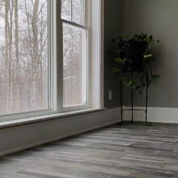 A serene room featuring elegant baseboards and gray wood flooring, illuminated by natural light from large windows, complemented by a stylish plant stand.