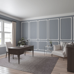 Elegant office interior featuring a modern design with a grey wall adorned with decorative panel moulding, a stylish desk, comfortable seating, and natural light enhancing the spacious ambiance.