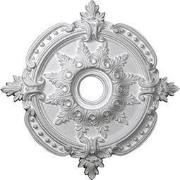 Elegant ceiling medallion featuring intricate floral motifs and classic detailing. The ornate design adds a touch of sophistication to any space, perfect for enhancing chandeliers or fixtures, creating an exquisite focal point in home decor.