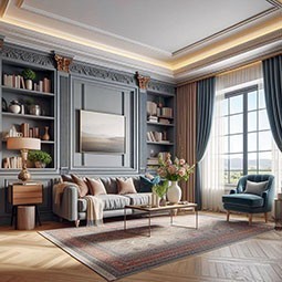 Elegant living room showcasing stylish architecture with cove moulding, rich colors, and a modern design. The space features a cozy sofa, artwork, and natural light from large windows.