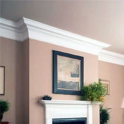 Elegant living room featuring white crown moulding that enhances the ceiling, framed artwork, and touches of greenery, creating a sophisticated and inviting atmosphere.