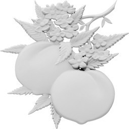 Elegant white floral and fruit onlay design featuring blooming flowers and two large round fruits, ideal for enhancing decorative projects with a touch of nature-inspired artistry.