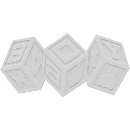 White children's building blocks arranged playfully, featuring letters and playful designs. Perfect for imaginative play and early learning in a fun, child-friendly environment.