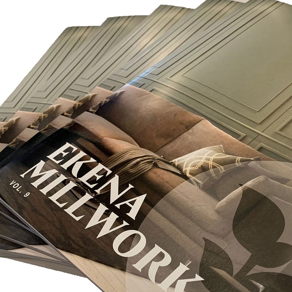 Collection of Ekena Millwork literature showcasing decorative design elements with elegant patterns, highlighting home improvement ideas and architectural details. Perfect for design inspiration.