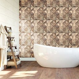 Stylish bathroom featuring a warm-toned mosaic wall tile design, complementing the modern freestanding tub and wooden elements for a cozy, elegant atmosphere.