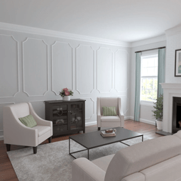 Stylish living room featuring elegant panel moulding kits, enhancing walls with modern design. Soft tones and natural light create a warm, inviting atmosphere. Perfect for home decor inspiration.