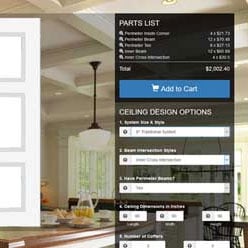 Interactive interface showcasing a product builder with detailed parts list and ceiling design options in a well-lit kitchen setting, inviting users to customize home improvement projects.