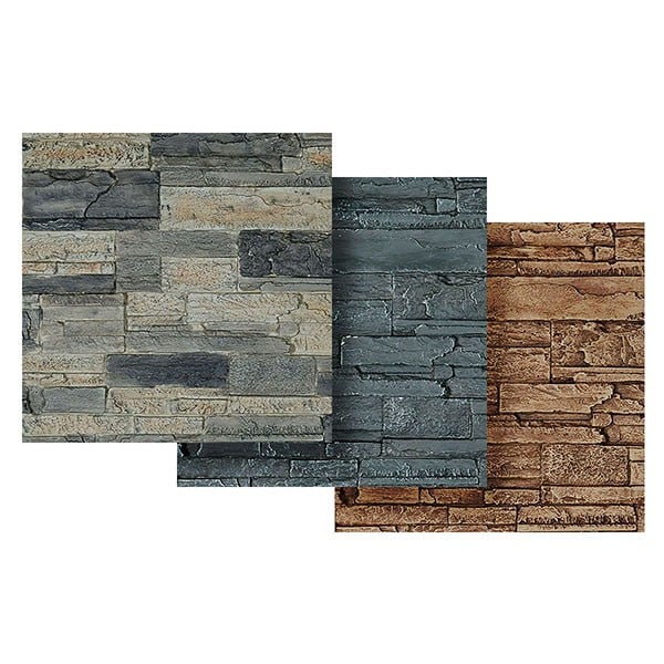 Textured stone sample swatches in varying shades of gray, brown, and beige, showcasing natural stone finishes for home and landscape design projects. Perfect for interior or exterior applications.