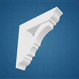 Elegant architectural bracket design against a blueprint background, showcasing the precision and detail of PVC millwork products for home improvement and renovations.