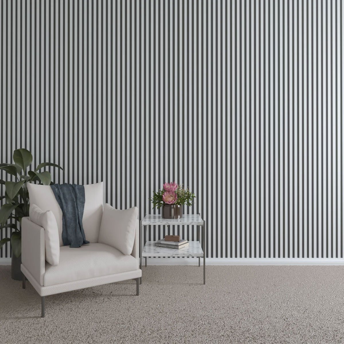 Stylish and modern interior featuring vertical striped slat wall panels, a cozy armchair, and elegant decor, creating a chic and inviting atmosphere. Perfect for contemporary design enthusiasts.