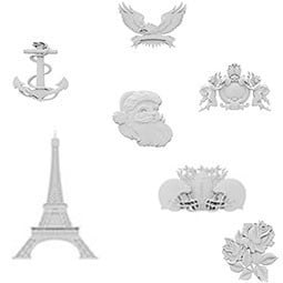 Explore a variety of themed onlays and appliques featuring iconic symbols like the Eiffel Tower, Santa, and floral designs, adding a distinctive touch to your creative projects.