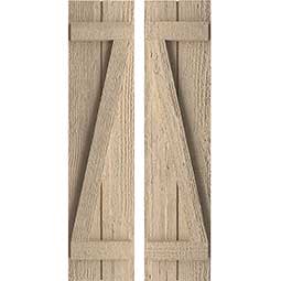 Classic wooden shutters with a textured finish, showcasing a rustic design and natural wood grain, perfect for enhancing traditional and modern home aesthetics. Ideal for creating a warm and inviting exterior.