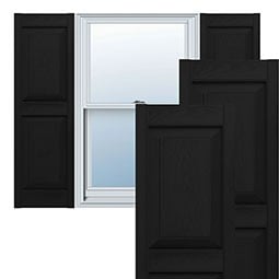 Elegant black vinyl shutters enhance the aesthetic of a window, showcasing their sleek design and modern appeal, perfect for elevating home exteriors and improving curb appeal.