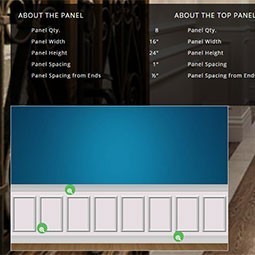 Stylish wainscot paneling design featuring detailed specifications for panel quantity, dimensions, and spacing, enhancing interior elegance and sophistication.