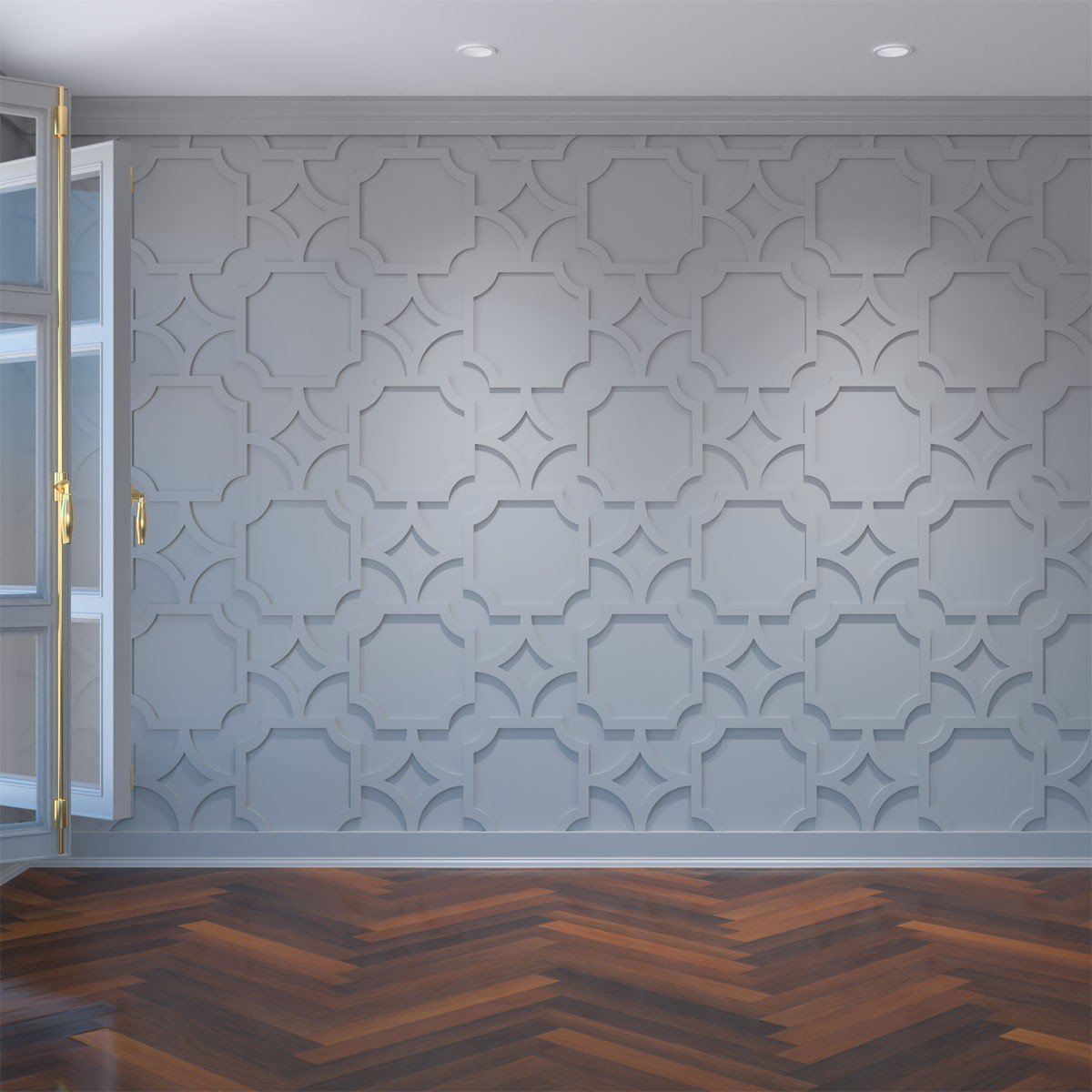 Stylish interior showcasing a textured wall accent with geometric patterns in soft blue, complemented by rich hardwood flooring and elegant natural light from an open window.
